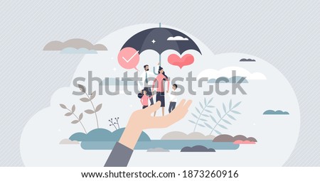 Life insurance as healthcare protection and family safety tiny person concept. Future financial support in case of accident or illness vector illustration. Umbrella as risk assistance and guard symbol