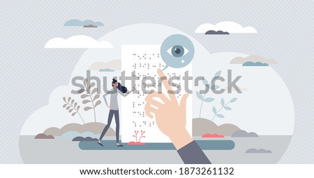 Reading Braille text as blind system with touching dots tiny person concept. Text recognition without visual sight vector illustration. Disabled people language and alphabet for literature and books.