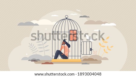Inner prison as mental state with thought stuck and block tiny person concept. Psychological mindset as feeling like trapped in birdcage vector illustration. Helpless problem and despair situation.