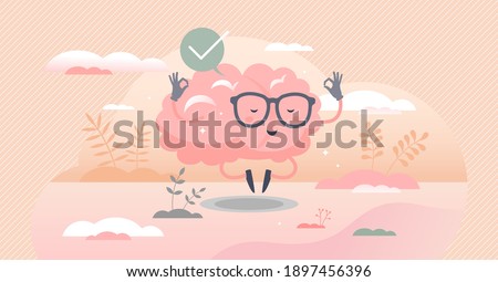Calm brain meditation to relax balance or mental wellness tiny person concept. Organ character with cute and funny peace control and mind focus vector illustration. Rest well for psychological harmony