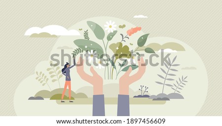 Herbal medicine as alternative homeopathy for healthcare tiny person concept. Nature plant and flowers healing power and usage in health treatment, organic cure and aromatherapy vector illustration.