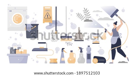 Cleaning set with hygiene care tool supply elements collection tiny person concept. Household detergents and cleanup washing work objects vector illustration. Isolated housework disinfect equipment.