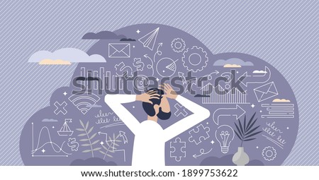 Business decisions mess and information data chaos as strategy confusion tiny person concept. Company leader lost focus about solutions and future plans for success and development vector illustration