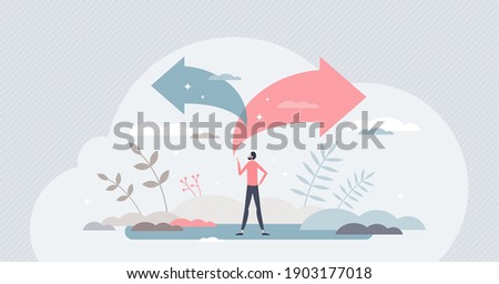 Choice decision making as two split path options to choose from tiny person concept. Business or life strategy confusion and opportunity doubt vector illustration. Future direction concern or struggle