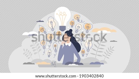 Gather ideas female as creativity and brainstorm results tiny person concept. Innovative and creative woman with many smart solutions to choose from vector illustration. Thoughts light bulb collection