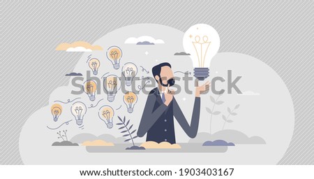 Gather ideas and choose best from many after brainstorm tiny person concept. Creative and innovative process with critical thinking vector illustration. Many light bulbs as unrealized bright thoughts.