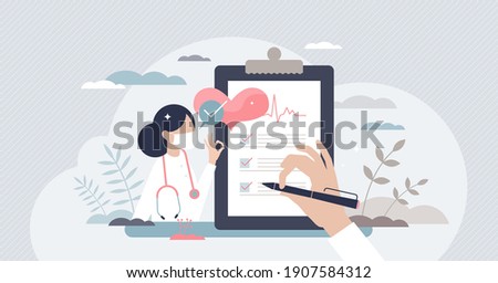 Medical checkup as annual doctor health test appointment tiny person concept. Preventive examination reduce illness and disease diagnosis vector illustration. Patient consults hospital specialist.