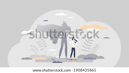 Superhero female as strong and powerful leader or mother tiny person concept. Businesswoman with hero cape in shadow reflection as woman with courage, confidence, power or ambition vector illustration