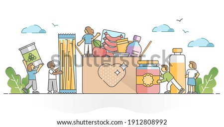 Food drive grocery donation as charity product share for poor outline concept. Volunteer support and community care as hunger awareness and help movement vector illustration. Help elder and homeless.