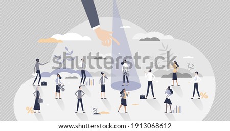 Recruitment candidate choice with spotlight to selection tiny person concept. Best option for human resources with skills, experience and CV vector illustration. Head hunting vision and crowd analysis
