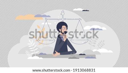 Legal decisions thinking as right law judgment choice tiny person concept. Lawyer strategy confusion and doubt in equal balance situation vector illustration. Justice measurement and analysis symbol.