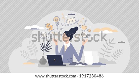 Secretary occupation as professional assistant in office tiny person concept. Female employee career work with communication and documents vector illustration. Woman receptionist job duties and tasks. Stock foto © 