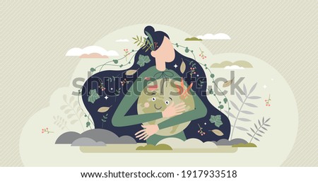Mother earth as environmental ecological and green planet tiny person concept. Nature biodiversity conservation as care with protection or preservation vector illustration. Ecosystem climate awareness