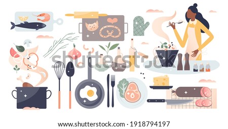 Cooking set as household kitchen food preparation items tiny person concept. Object collection with chef, kitchenware, dishes, diner ingredients prep process as domestic catering vector illustration. Foto stock © 