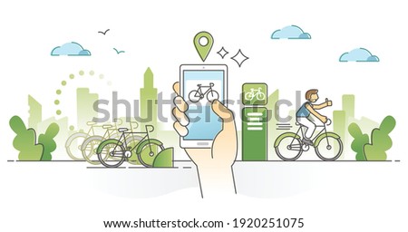 Bike sharing as public ride for urban city transportation outline concept. Environmental friendly alternative for healthy and green traffic vector illustration. Mobile application for bicycle service.