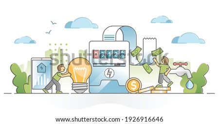 Utility bills as water and electricity consumption expenses outline concept. Family budget finance calculations after home energy cost payments vector illustration. Charge money for heating usage.