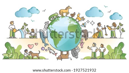 Biodiversity and environmental animal species protection outline concept. Various mammals wildlife preservation with natural habitat respect and care vector illustration. Global climate conservation.
