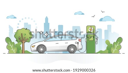 Electric car usage and green electricity energy consumption outline concept. Motor type with plug in socket as environmental and nature friendly power alternative to fuel vehicles vector illustration.