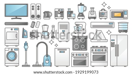 Home appliances set and domestic electronics and machines outline concept. Equipment elements for kitchen cooking, vacuum cleaning or laundry washing vector illustration. Isolated daily indoor gadgets
