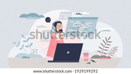 Coder geek script typing expert for software development tiny person concept. IT professional as application and code programming specialist vector illustration. Cyberspace skills with html language.