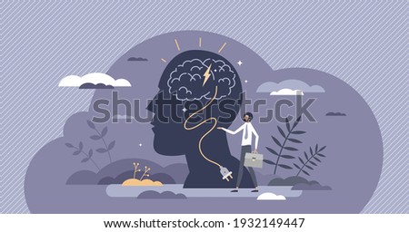 Brain recharge and fill up head energy to think creative tiny person concept. Plug in cable into mind battery charging for business motivation, inspiration and memory improvement vector illustration.