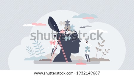 Mental health and negative sick mind thought treatment tiny person concept. Emotional disorder and psychology doctor help with therapy and trouble research vector illustration. Caring anxiety issues.