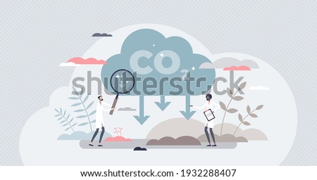 CO2 reduction to reduce carbon dioxide greenhouse gases tiny person concept. Alternative energy usage to eliminate environment danger from air contamination and exhaust smoke cloud vector illustration
