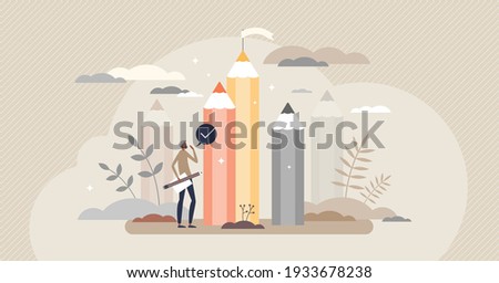 Creative achievement or education skill reach success tiny person concept. Performance victory with different thinking, knowledge or inspiring motivation vector illustration. Mountain top from pencils
