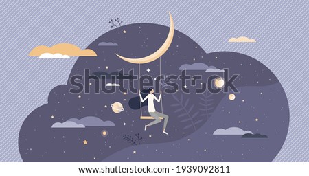 Dreaming with sweet night dreams as bedtime relax sleep tiny person concept. Hanging with swings on moon as fly in fantasy around cosmos and universe vector illustration. Blue sky in midnight harmony.