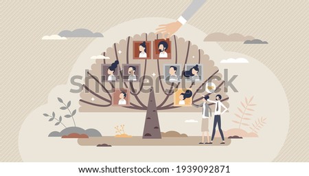 Family tree with generation connection and origin history tiny person concept. Relatives and siblings genealogy research with dynasty roots chart vector illustration. Retro community with grandparents