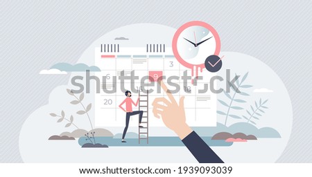Appointment plan and calendar meeting time reminder note tiny person concept. Schedule deadline for business event vector illustration. Efficient agenda management with information monitoring habit.
