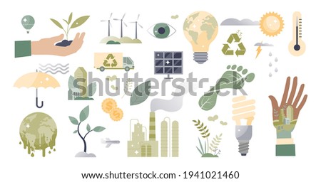 Climate action and sustainable environment lifestyle set tiny person concept. Isolated elements about alternative energy to save planet, carbon footprint and recycle topics. Global warming objects.