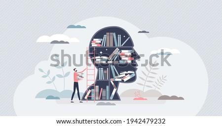 Knowledge or education as intelligence mind experience tiny person concept. Information base as book library in head vector illustration. Brain and mind training with smart literature reading or study
