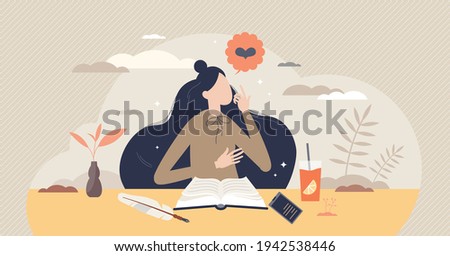 Law of attraction as positive energy, hope and thoughts materialization tiny person concept. Believe in universe power and receive love and relationship with wish, focus and faith vector illustration.