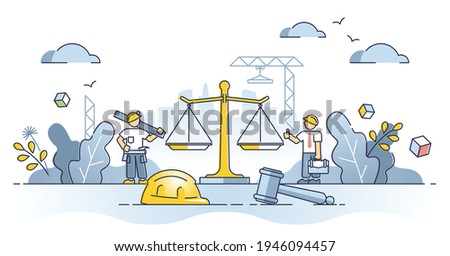 Labor law as worker legal regulation to protect job rights outline concept. Construction site with gavel as profession employment justice care vector illustration. Social security from authorities.