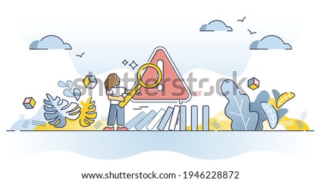Identify problem, report and fix it as action for solution outline concept. Risk prevention and potential economical company danger warning vector illustration. Business control and threat detection.