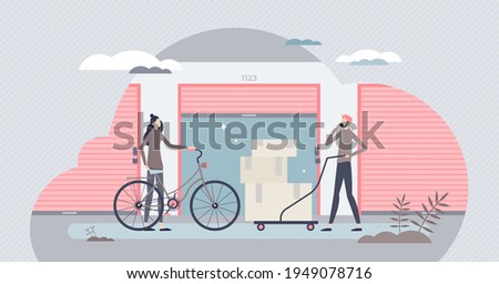 Self storage unit as personal boxes warehouse or garage tiny person concept. Storehouse entrance view with open door vector illustration. Rental space for bulky luggage, goods, items and packages.