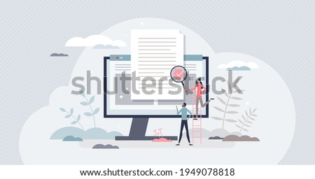 Reviewing paperwork and checking for mistakes or errors tiny person concept. Agreement audit, legal analysis and project contract inspection vector illustration. Quality feedback after draft document.