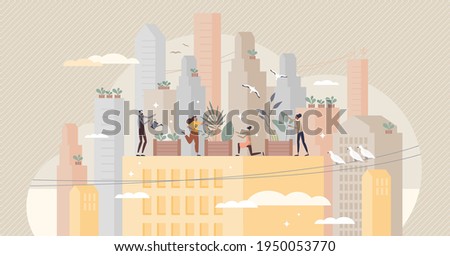 City gardening and plants agriculture on urban building rooftops tiny person concept. Ecological, green and environmental lifestyle with local grocery, greens and vegetables usage vector illustration.