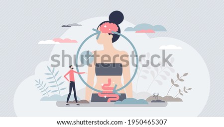 Gut brain connection and mental body digestive system regulation tiny person concept. Organ interaction and cooperation for human body regulation vector illustration. Emotion balance for bowel health.
