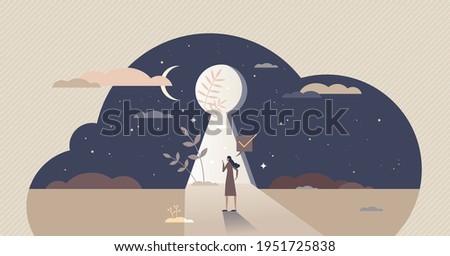 Self discovery and identity finding with cognitive search tiny person concept. Personality development with inside freedom feeling and belief in yourself future vector illustration. Keyhole sneak peek