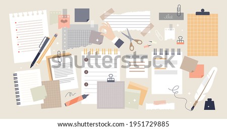 Notes and paper stationery for memos writing and reminders tiny persons set. Object collection for office work and business appointments vector illustration. Notepads, sheets and stickies elements.