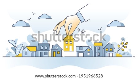 Choose property as find, purchase and pick real estate home outline concept. House sale or chosen building selection in market vector illustration. New family investment decision or options comparison