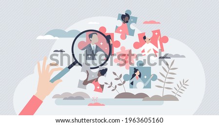 Job search and vacancy best choice as recruitment work tiny person concept. Find skilled and experienced career labor from candidates crowd vector illustration. Vacant company HR selection process.