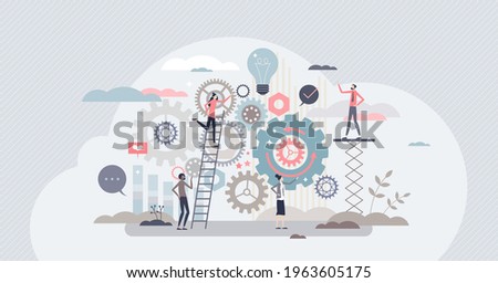 Work operations and teamwork productivity with control tiny person concept. Business project workflow as gear cogwheel mechanism vector illustration. Process automation with effective monitoring.