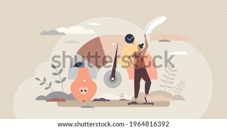 BMI body mass index measurement with normal weight result tiny person concept. Healthy overweight balance control with physical figure shape monitoring vector illustration. Meter arrow with fat chart.