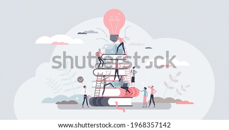 Building business with corporate knowledge and teamwork tiny person concept. Company growth gain and new startup project promising beginning vector illustration. Start with creative employees and idea