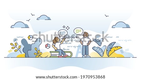 Language translation scene as writing or speaking communication knowledge outline concept. Education about meaning of words, sentences, text, grammar and spelling vector illustration.