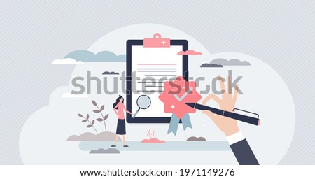 Quality control and product satisfaction research check tiny person concept. Best standard check and deal evaluation with closeup expertise and inspection for errors or mistakes vector illustration. Stockfoto © 