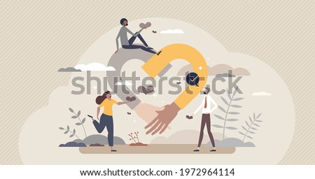 Empathy and emotional feeling support with understanding about other people problem situations tiny person concept. Help in relationship crisis with psychological therapy talking vector illustration.